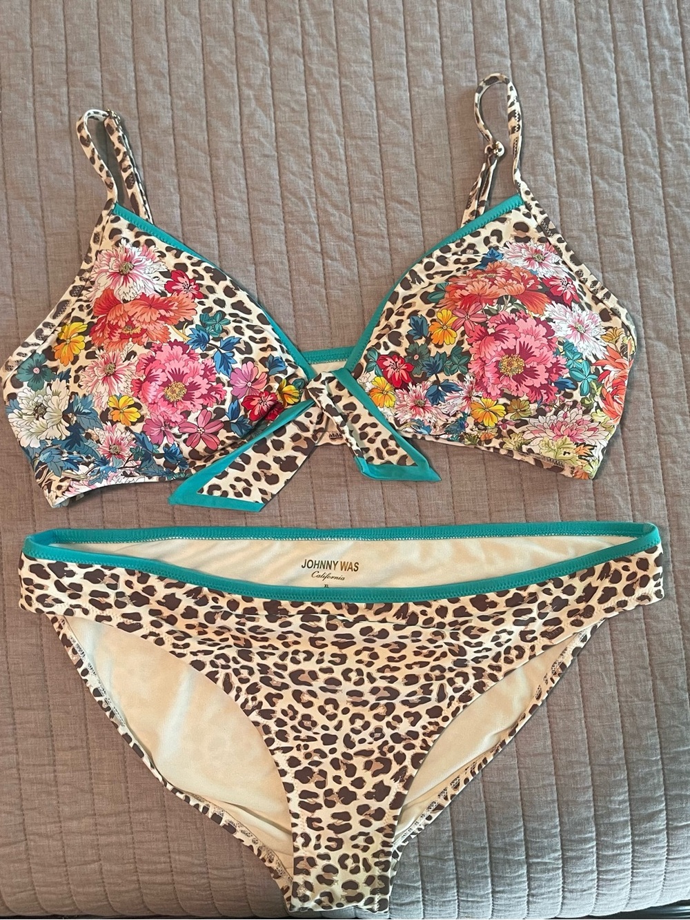 Johnny Was Floral & Leopard Bikini with Turquoise Trim